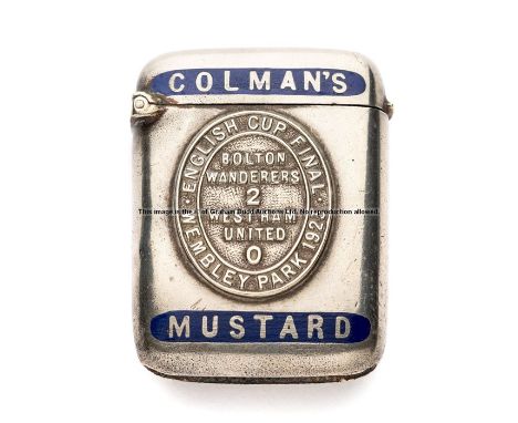 Colman’s Mustard enamelled silver plated vesta case commemorating the first F.A. Cup Final played at Wembley Stadium in 1923,