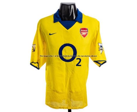 Ray Parlour Arsenal FC yellow and blue No.15 away jersey season 2003-04, match issue, short-sleeved, Premiership badges to sl