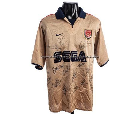 Tony Adams team-signed Arsenal FC gold No.6 away jersey season 2001-02,17 signatures in black marker pen, match issue, short-
