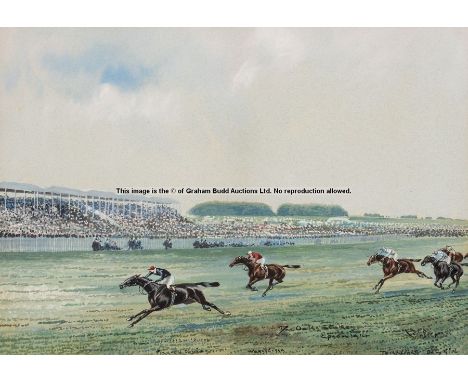 John Beer (British 1860-1930, active 1885-1915), THE OAKS STAKES EPSOM 1914,watercolour, signed John Beer, portraying the fin