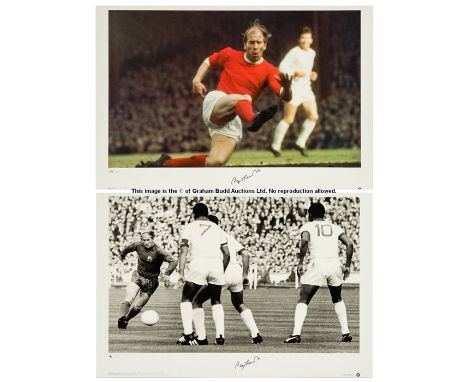 Pair of large Bobby Charlton signed Manchester United limited edition photoprints,the first in colour and depicting a powerfu