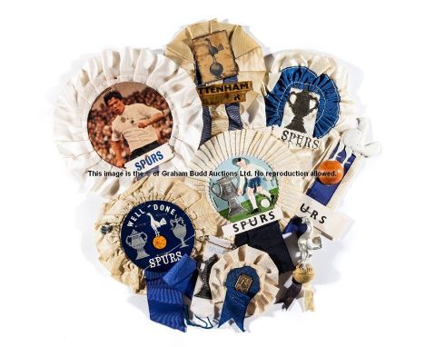 Vintage Tottenham Hotspur white & blue match rosettes,  five rosettes applied with photographs, trophies and legend; sold tog