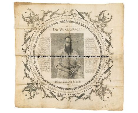 Victorian printed linen tribute to the cricketer Dr W.G Grace,the square linen printed with portrait of Grace flanked by text