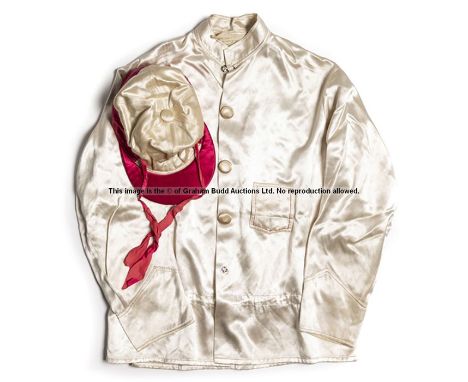 Set of vintage racing silks in the colours of the American racehorse owner Ada L. Rice,white jacket with the ALR logo embroid