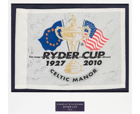 2010 Ryder Cup souvenir Celtic Manor pin flag signed by the winning European team,signatures somewhat faded, mounted with tit