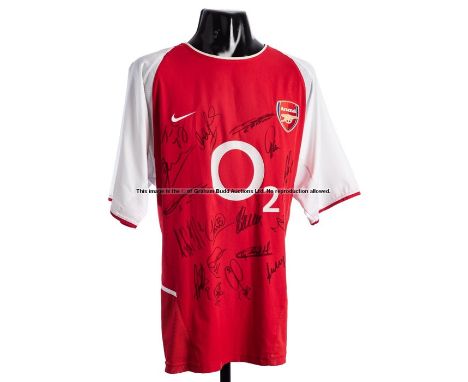 Multi-signed Arsenal 'invincibles' jersey,the replica 2003-04 home jersey signed in black marker by Arsene Wenger, Lauren, Pa