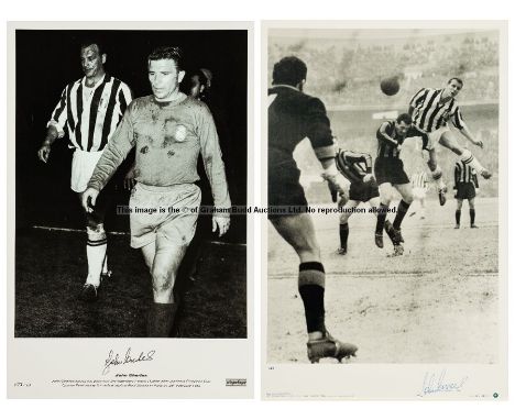 Pair of large John Charles signed Juventus limited edition b&w photoprints,the first depicting a towering, trademark headed g