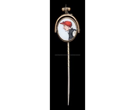 Gold & intaglio reversible stick pin of the jockey Fred Archer,the intaglio set in a stirrup design that can swivel for a cho