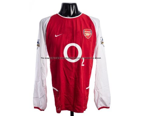 Gilberto Silva Arsenal FC red and white No.19 home jersey circa 2003,match issue, long-sleeved, Premiership badges to sleeves