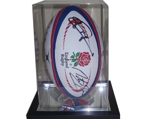 Martin Johnson & Jonny Wilkinson dual signed England 2003 Rugby World Cup ball,  size 5 rugby ball in perspex display case on