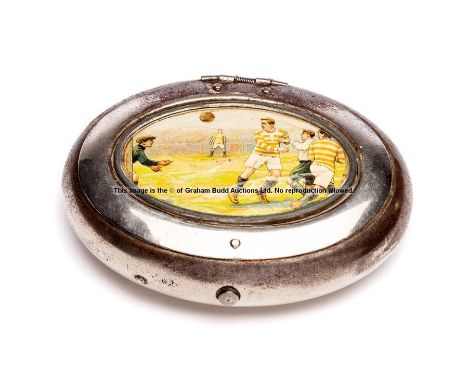Edwardian snuff box/tobacco tin with football decoration,spring-loaded decorative lid, in good original condition