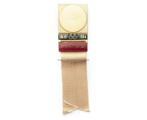 Tokyo 1964 Olympic Games delegate's badge,gold plate & enamel, peach coloured ribbon