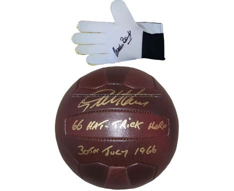 Geoff Hurst signed vintage football and Gordon Banks signed glove, leather football signed by England's World Cup hat-trick h