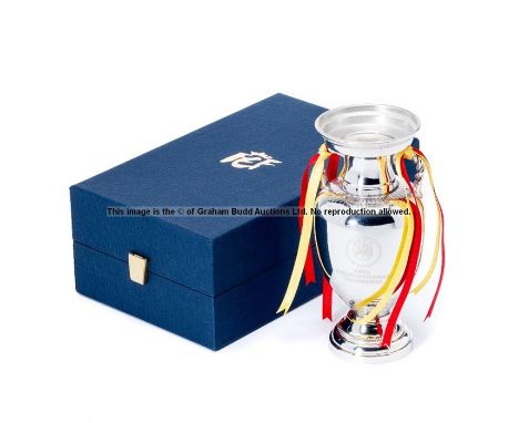 UEFA Euro Championship 2012 replica trophy awarded to a player on the Spanish team, miniature silver-plated twin-handled repl