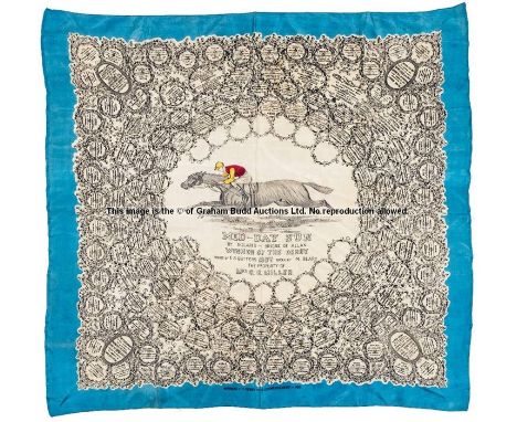 Ladies' silk scarf commemorating the victory of Mid-Day Sun in the 1937 Derby, with central portrait of Mrs G.B. Miller’s win