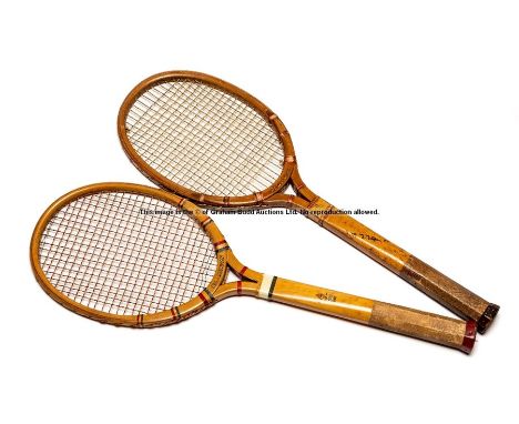 A.G. Spalding Tilden Cannon Ball wooden tennis racquet, circa 1928,open throat racquet with original stringing and printed po