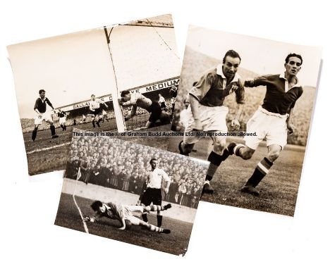 Seven football press photographs, circa 1940s,three featuring Stanley Matthews, b&w action shots comprising Charlton Athletic