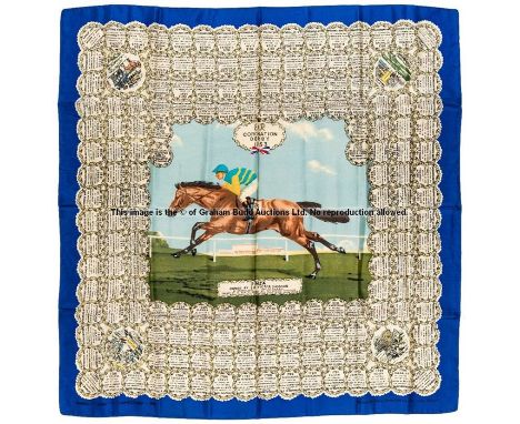 Ladies' silk scarf commemorating the victory of Pinza in the 1953 ‘Coronation’ Derby, with central portrait of Sir Victor Sas