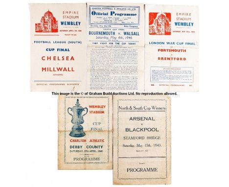 Five Wartime Cup Final programmes,Arsenal v Blackpool 15.5.43 (pirate) and Bournemouth v Walsall 4.5.46 both played at Chelse