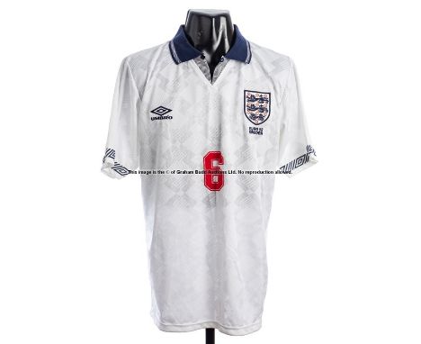 Tony Adams white England No.6 jersey from Euro '82 in Sweden,tournament issue, short-sleeved, inscribed Euro 92 Sweden, the r