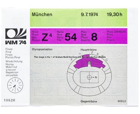 FIFA World Cup 1974 unused Final Replay ticket, Olympiastadion, Munich, rectangular, printed with FIFA World Cup WM74 logo Th