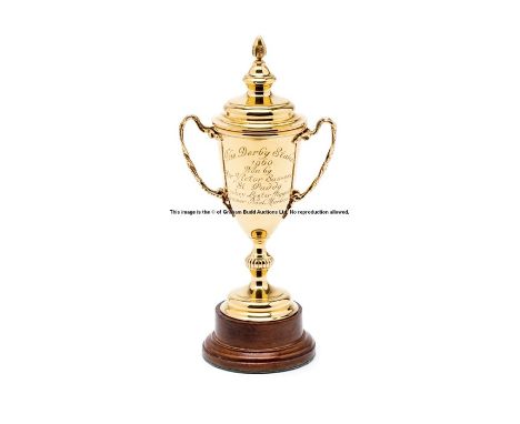 Jockey's prize for 1960 Derby, won by Lester Piggott on St Paddy, 9ct. gold .375 miniature two-handled cup with lid, hallmark