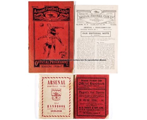 Collection of Arsenal programmes and handbooks,programmes including a pre-war 1936-37, 14 x 1946-47 to 1948-49, 38 x 1949-50 