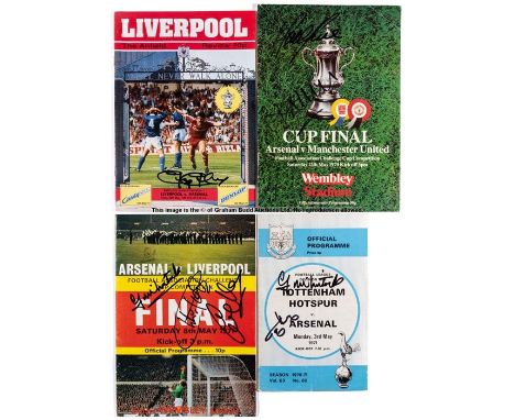 Four Arsenal FC signed match programmes, 1971-1989, comprising Frank McLintock and Ray Kennedy signed Tottenham Hotspur 3rd M