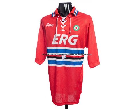 Two Sampdoria jerseys from season 1994-95,a short-sleeved red third-choice No.20; and a long-sleeved blue No.19 home issue Th