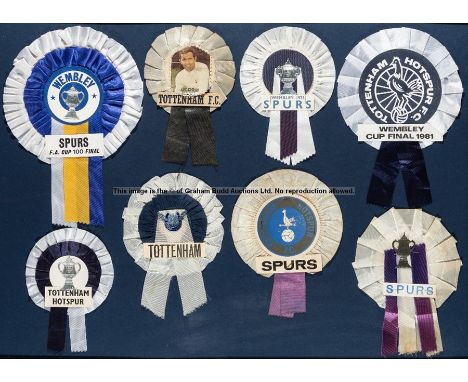 Two displays of vintage Tottenham Hotspur FC match rosettes, comprising 18 rosettes, each silk ribbon with applied wording, t