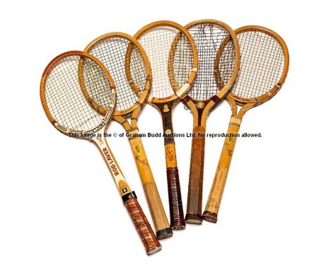 Five wooden tennis racquets,comprising two Wright and Ditson Longwood Les Stoefen open throat tennis racquets circa 1930, wit