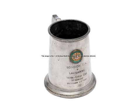 Pewter tankard from the London FA v Lausanne Inter-Cities Fairs Cup match, held at Highbury, 21st October 1957,  of typical f