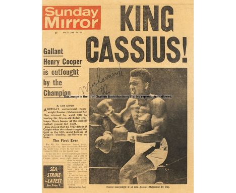 Sunday Mirror newspaper signed by Muhammad Ali the day after his defeat of Henry Cooper at Arsenal FC's Highbury Ground, Sund