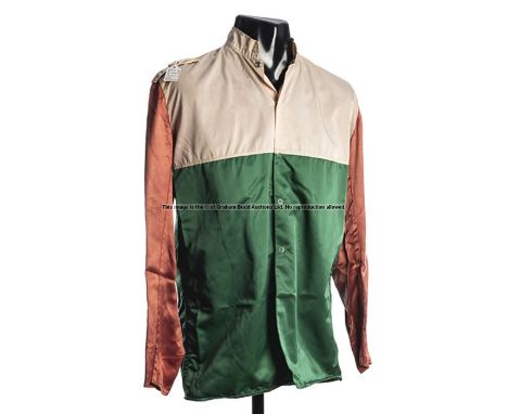 Autographed racing silks jacket including the signature of War Emblem's first trainer Frank Springer,white, green and peach, 