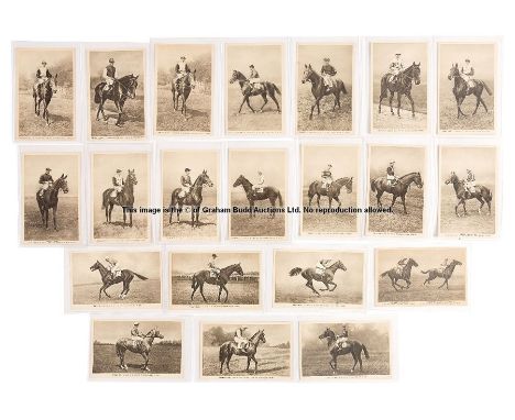 Vintage b&w postcards of racehorses circa 1926, issued by the British Charities Association, with jockeys up and including Le