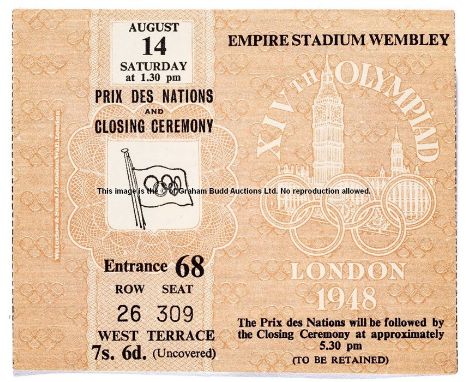 London 1948 Olympic Games Prix des Nations and Closing Ceremony ticket, for 14th August at Wembley Stadium,ticket printed SEA