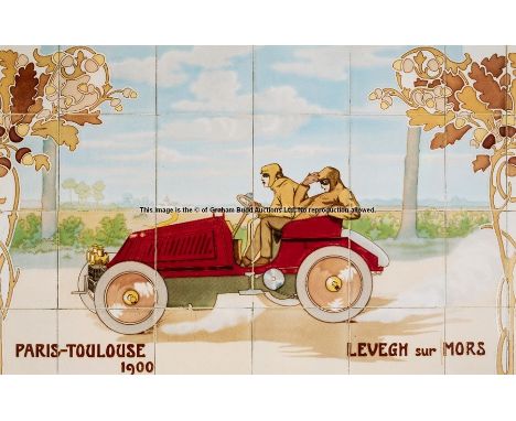 Eleven Michelin Tyre tile prints featuring early motor racing in continental Europe,depicting the decorative tiles applied wi