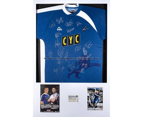 Three multi-signed Millwall FC jerseys,comprising a framed and mounted 2009/10 blue home jersey, with 21 signatures in silver