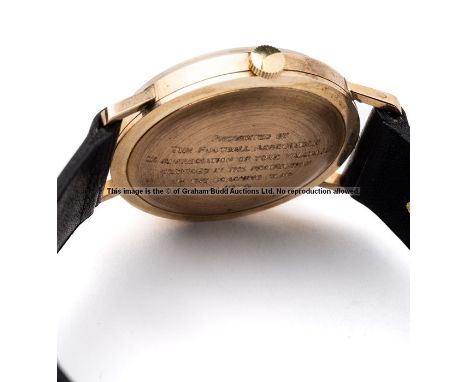 Terry Venables' Rotary 9ct gold wristwatch, presented by the F.A., circa 1979, 9ct gold case, champagne dial with baton hours