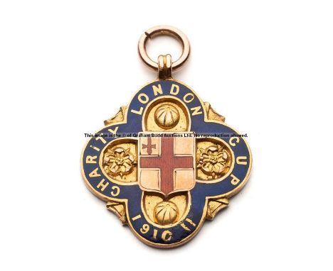 1910-11 London Charity Cup gold medal awarded to George Shipley of Dulwich Hamlet, quatrefoil shield-shaped medal, with loop 