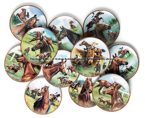Collection of 11 Royal Worcester plates featuring great racehorses of the mid to late 20th century, comprising Red Rum, Arkle
