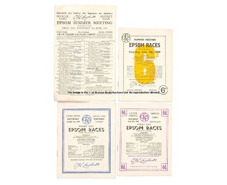 Four 1940s Epsom Derby Day racecards, 
comprising 1946 (Airborne), 1947 (Pearl Diver), 1948 (My Love) and 1949 (Nimbus)

