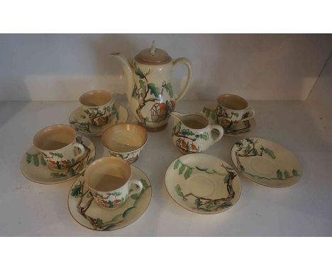 A Clarice Cliff "Tall Trees and Cottages" Pattern Coffee Set by Wilkinson, circa 1930s, Comprising of coffee pot, cream and s