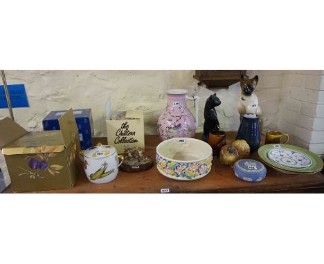 A Quantity of Ceramics, to include a Clarice Cliff bowl for Newport pottery, a Victorian toilet jug, boxed Royal Worcester ta