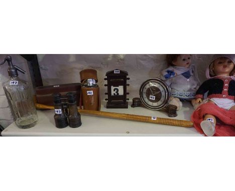 A Quantity of Collectables, to include a pair of field glasses, calender, soda syphon, Metamec mantel clock, Price doll and a