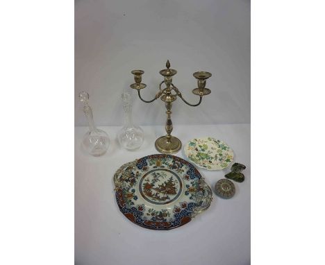 A Mixed Lot of Glass and Pottery, to include two glass decanters,a Milliefiori glass paperweight, a Victorian Mikado style po