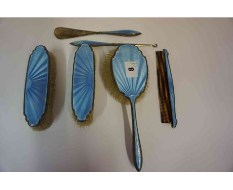 A George V Silver and Blue Enamel Brush Set, Hallmarks for Birmingham 1929-30, Comprising of ladies hair brush, two clothes b