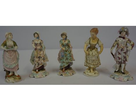 A Mixed Lot of Continental Porcelain Figures, to include small enamel decorated figures, figural candlesticks etc, (9) 