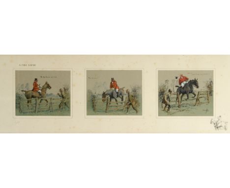 •`SNAFFLES` A FIRE EATER Three offset lithographs with hand colouring and manuscript titles, framed as one, laid down, with p