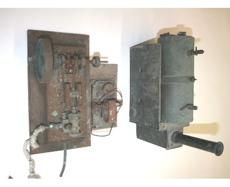 MODEL STEAM ENGINE - S.E.L a horizontal steam engine with attached dynamo and a boiler with burners inside. Dynamo marked, S.